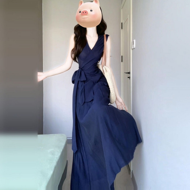 法式 V領 無袖 長洋裝 顯瘦設計, 【藏藍色套裝】【春季新款女裝/流行/輕奢,M 建議95-110, 藏藍色