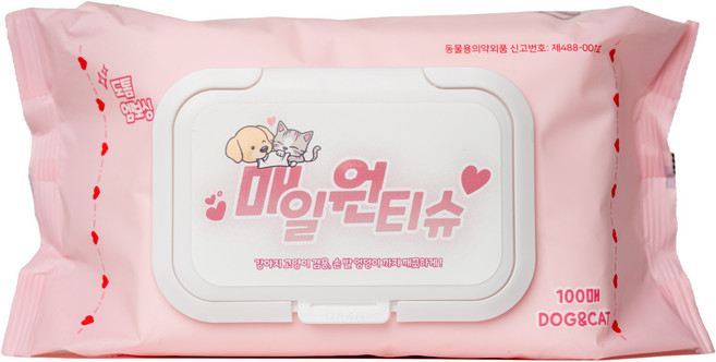 매일 원 물티슈 100매 애견티슈 강아지 고양이 겸용 저자극 무향 엠보싱 발티슈, 2팩, 100개입