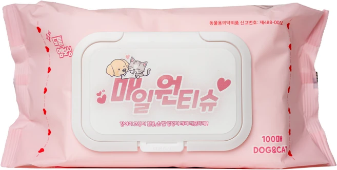 매일 원 물티슈 100매 애견티슈 강아지 고양이 겸용 저자극 무향 엠보싱 발티슈, 2팩, 100개입 - 쿠팡