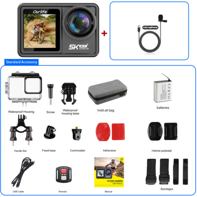 Ourlife 액션 카메라 5K30FPS EIS 2.0 인치 IPS 듀얼 스크린 30M 방수 WiFi 5X 줌 헬멧 스포츠 카메라 원격 제어 포함, No Card, [05] MTR81 With Mic