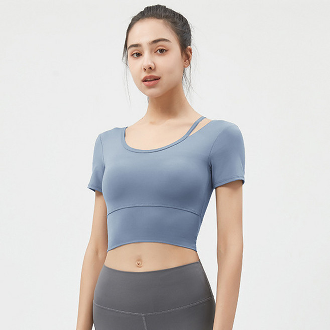 ECUPPER 여성 요가복 반팔 티셔츠 일체형패드 크롭티 오픈백 운동복 상의 필라테스 상의