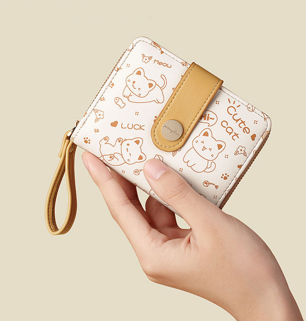 제너럴케이 여자 반지갑 고양이캐릭터 버튼 지퍼지갑