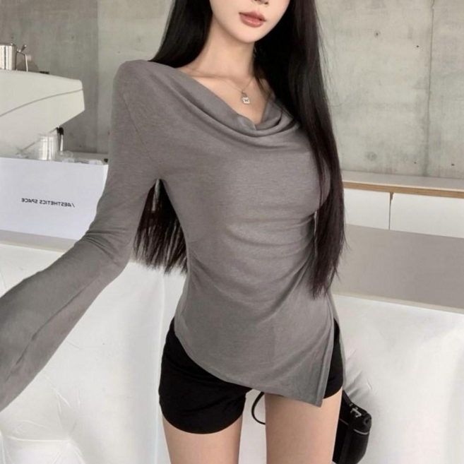 야오야오 드레이프 오프숄더 언발 셔링 슬림핏 긴팔 티셔츠