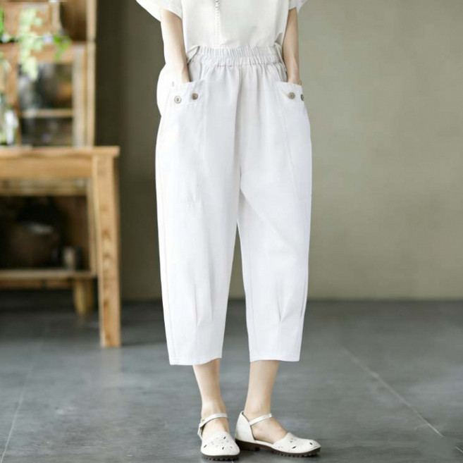 쁘띠꼬모 여성 7부 팬츠 밴딩 허리 포켓 루즈핏 캐주얼 데일리 바지 GX2031209