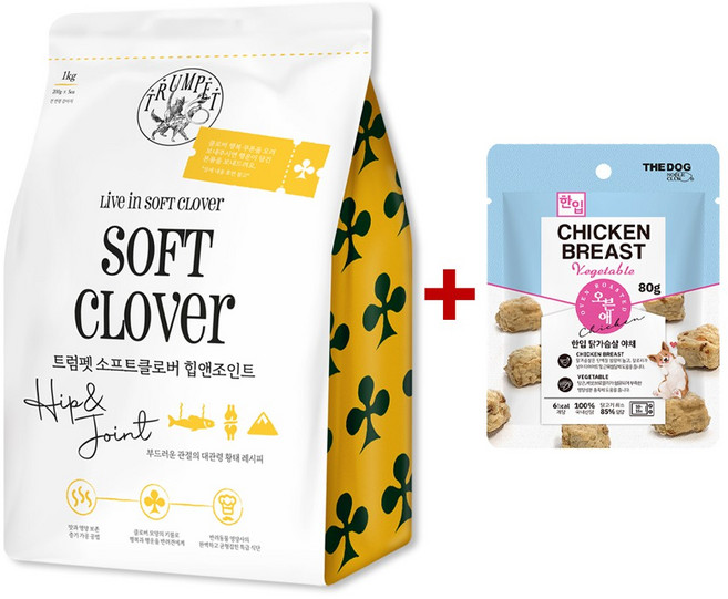 트럼펫 소프트클로버 기능성 강아지 관절사료 소프트 반건조사료 + 오븐애 닭가슴살 80g 증정, 1kg, 1개, 황태