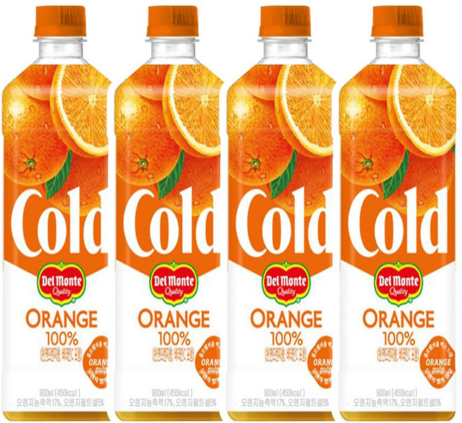 롯데칠성음료 델몬트 콜드 100% 오렌지, 900ml, 4개
