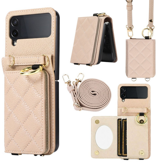 EVOL Z플립 케이스 퀄팅 가죽 힌지보호 핑거링 내장 거울 2장수납 카드지갑 스트랩 포함