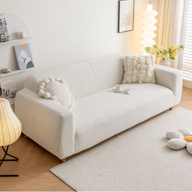 [먼지없는] 커버무드 스트라이프 소파 커버 + 자체제작 고정 스펀지, 1개, 아이보리
