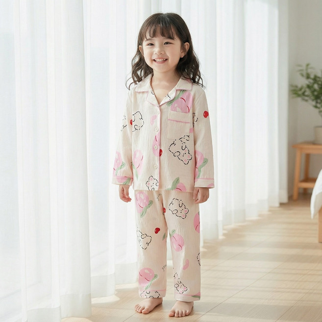 여아 여자아이 초등학생 유아 키즈 어린이 아동 핑크단추 파자마 잠옷 실내복 상하세트