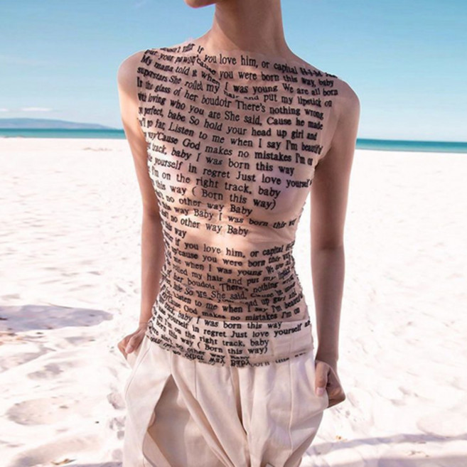 여성 파티 축제 클럽 유니크 섹시 시스루 레터링 민소매 나시 티 W684