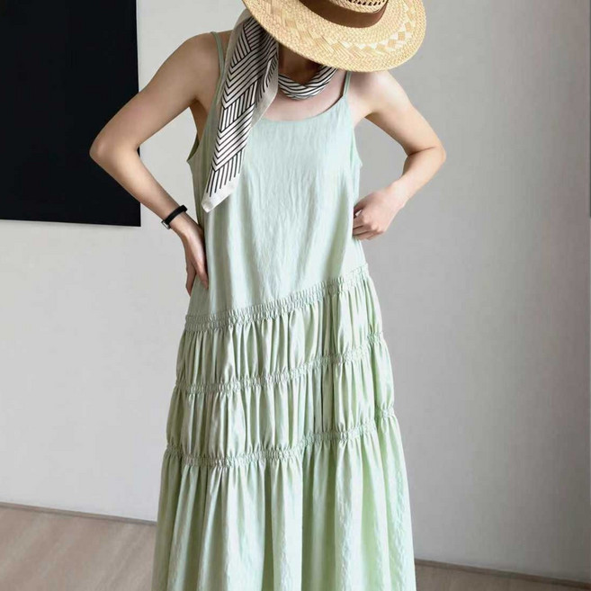 더한땀 파스텔 끈나시 셔링 롱 원피스 빅사이즈 휴양지 바캉스룩