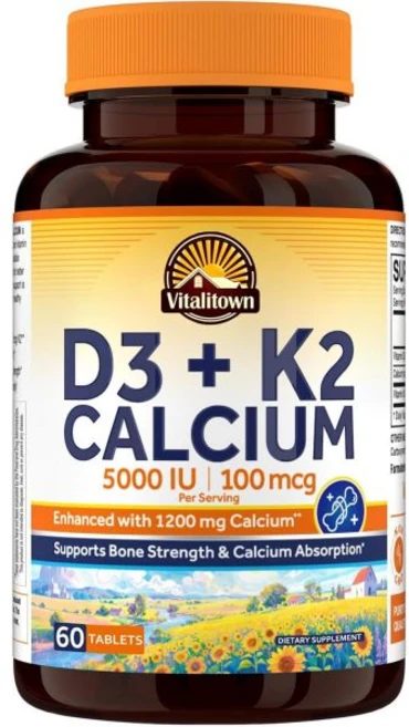 Vitalitown Vitamin D3 K2 Calcium 1200 mg Vitamin D3 5000 IU High Potency Bone Strength Teeth &, Vitalitown Vitamin D3 K2 Calci, 1개 - 쿠팡