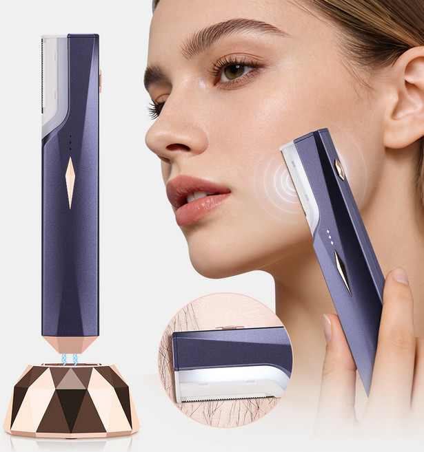 LUCENTIQUE 여성용 전동 눈썹정리기 LED 얼굴 잔털 솜털 페이스 제모기 초음파 면도기, 푸른 색, MD16