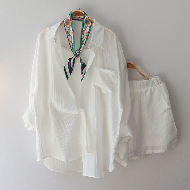 스카이코코 여성 긴팔 남방 밴딩 반바지 줄리 셔츠 투피스 세트