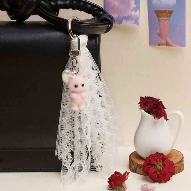 초콜리트쥬얼리 레이스냥이 미니 고양이 하트 벨벳 레이스 y2k 발레코어 백참 키링 - 3color