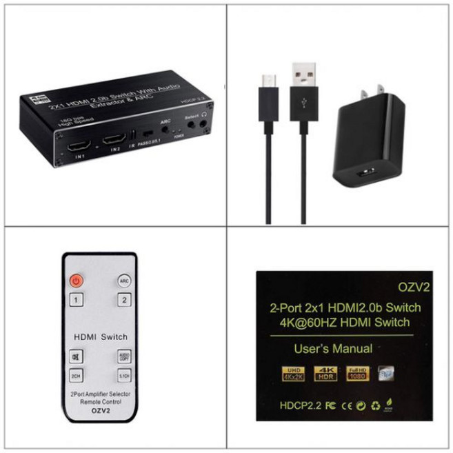4K HDMI 스위처 오디오 추출기 2 in 1 out ARC 스위치 2x1 선택기 R/L 토스링크 SPDIF 동축 출력 어댑터 포함, US power supply