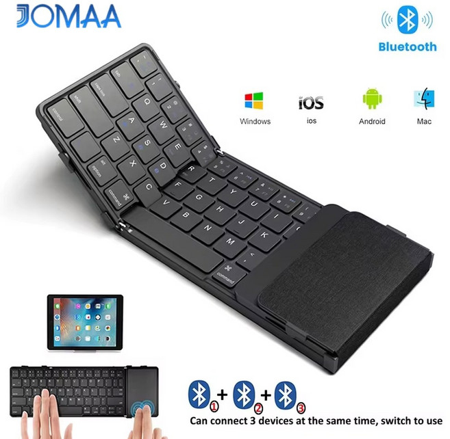 접이식 블루투스 키보드 PU가죽 터치패드 iOS/안드로이드/윈도우 3기기 지원, English