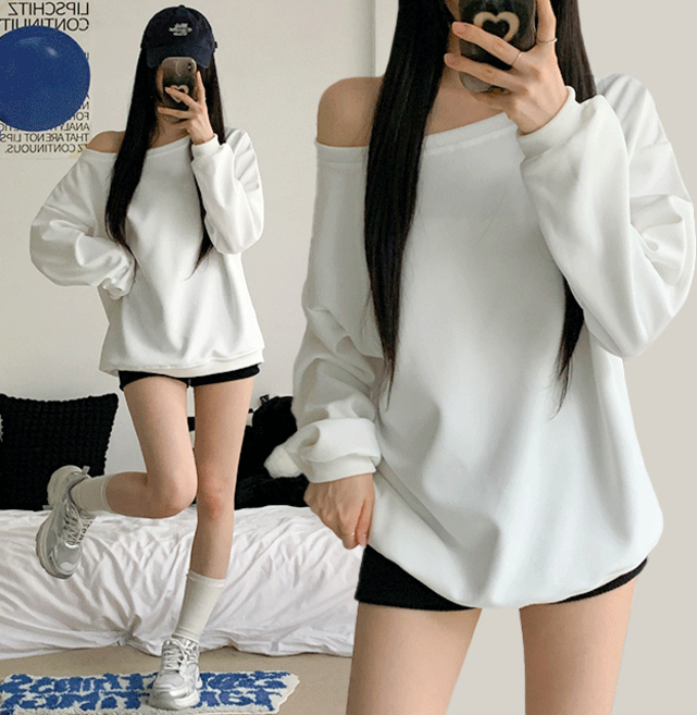 [베이직/기본템/3col] 노티 루즈핏 언발 오프숄더 무지 맨투맨