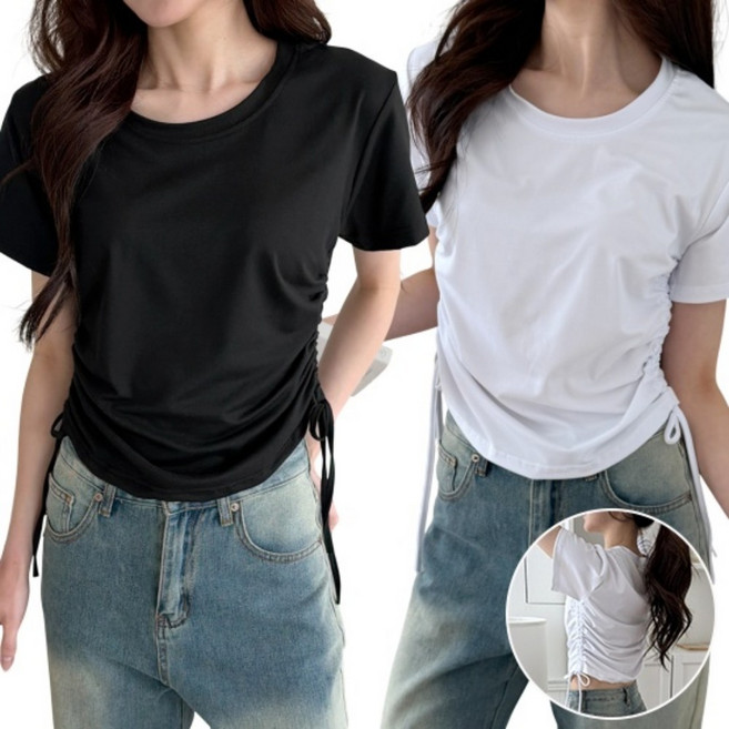 프리티쥬시 1+1 여성 라운드넥 사이드 세미 크롭 반팔티 반팔티셔츠