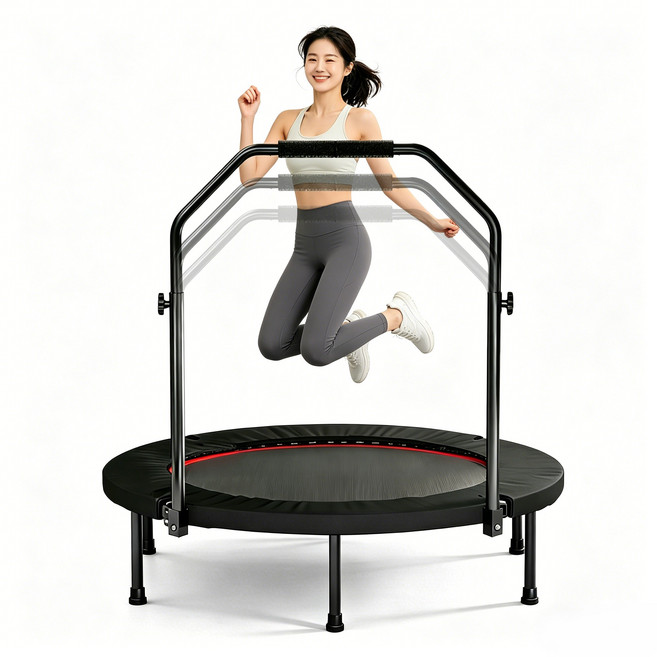 성인용 원형 접이식 트램폴린 높이조절 손잡이 실내 홈트 다이어트 점핑 방음 용수철 14세 이상 사용가능, 블랙