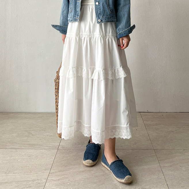네모엔룩 엔젤캉캉롱 여성용 펀칭레이스 허리밴딩 A라인 플레어 롱 스커트