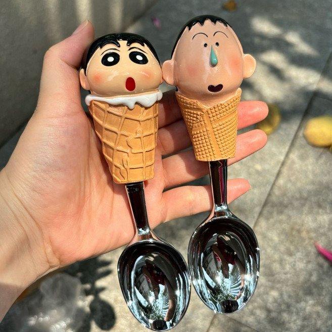 可愛卡通冰淇淋勺子 套裝, 1個, 蜡笔小新+阿呆勺子两件套