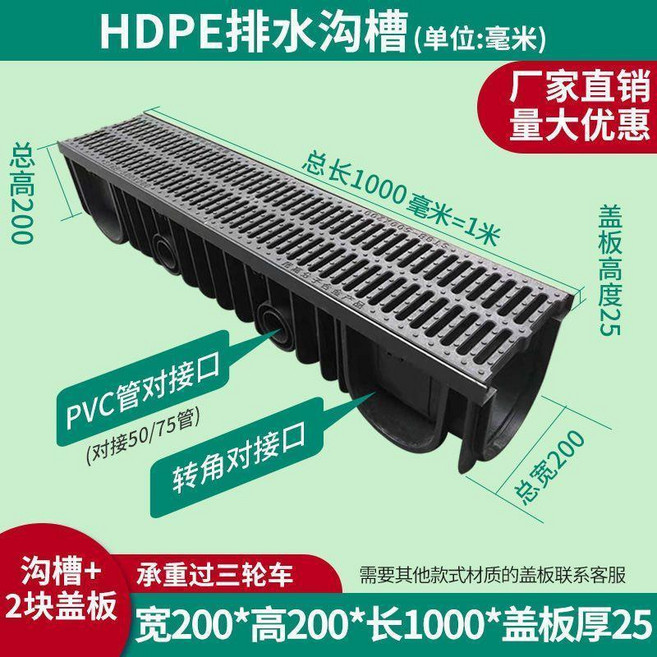 HDPE排水溝U型槽 1000mm 長 附不鏽鋼蓋板, 1個, 200*1000*25