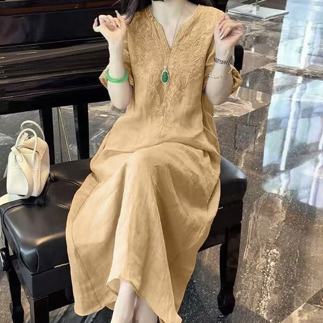 DIU 超仙國風重工刺繡連衣裙女夏季新款過膝寬鬆顯瘦長款高級裙子, XXL建議130-145斤