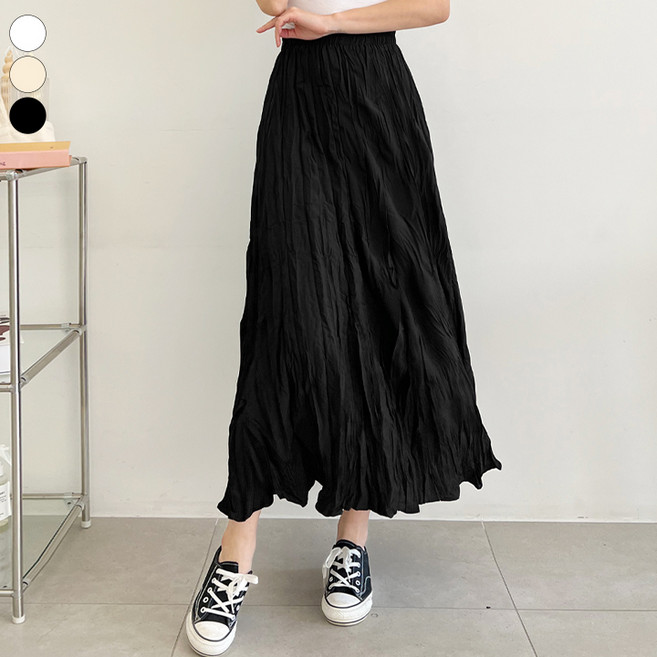 여리진 여성용 밴딩 A라인 링클 주름 롱스커트 플리츠 치마