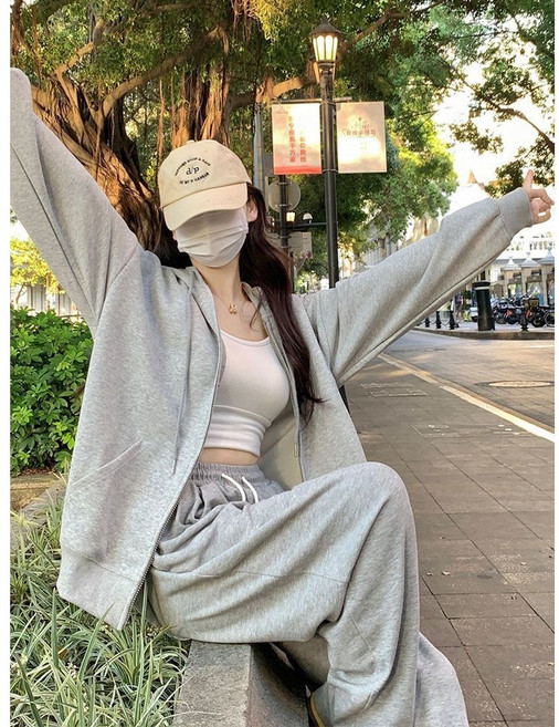 봄 가을 여성 트레이닝복 세트 루즈핏 긴팔 후드 맨투맨 가디건 + 하이웨이스트 밴딩 팬츠 상하의 투피스 캐주얼 기질 운동복 투피스 세트 LPC