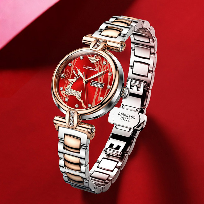 OUPINKE 여성시계 기계식 오토매틱 럭셔리 명품 워터프루프 야광 일력 메탈시계