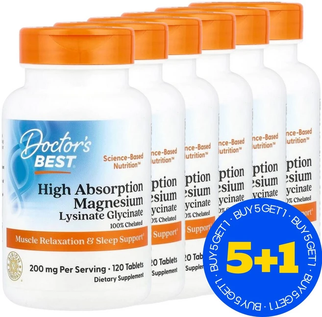 [5+1] 닥터스베스트 Doctor's BEST 고흡수 마그네슘 리시네이트 글리시네이트 200mg 120정 / 해외직구 미국정품, 6개 - 쿠팡