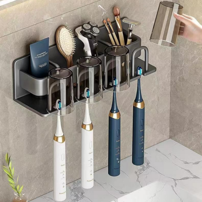 플랜와우 칫솔꽂이 거치대 무타공 걸이, 그레이 4구, 1개