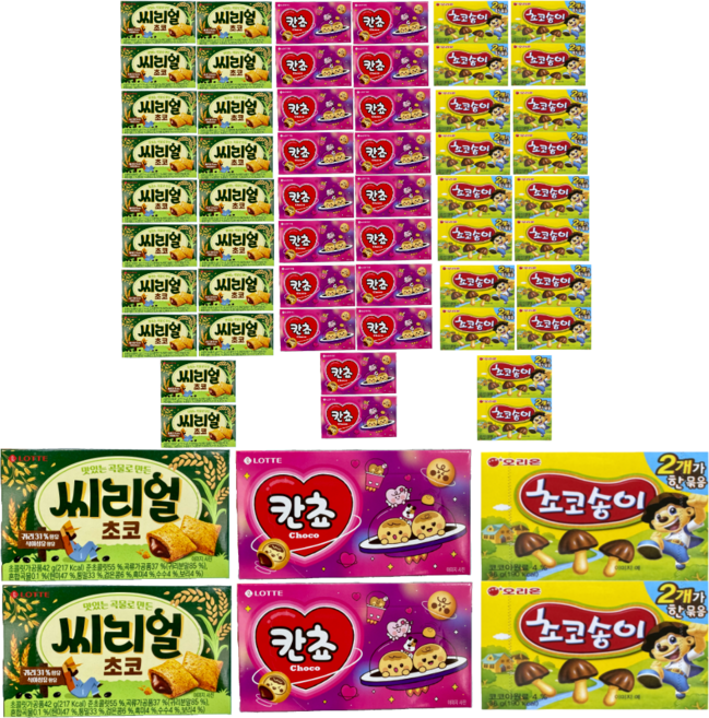 오리온제과 초코송이 72그램 + 롯데제과 칸쵸 108그램 + 롯데제과 씨리얼 초코 84그램 (판매원 주식회사 씨엠몰), 264g, 10세트