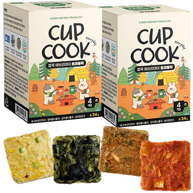 여행필수템 5초 완성 국산 재료 프리미엄 동결건조 블럭국 4가지 맛이 한 박스에 담긴 컵쿡에브리데이 트래블럭, 2개, 34g