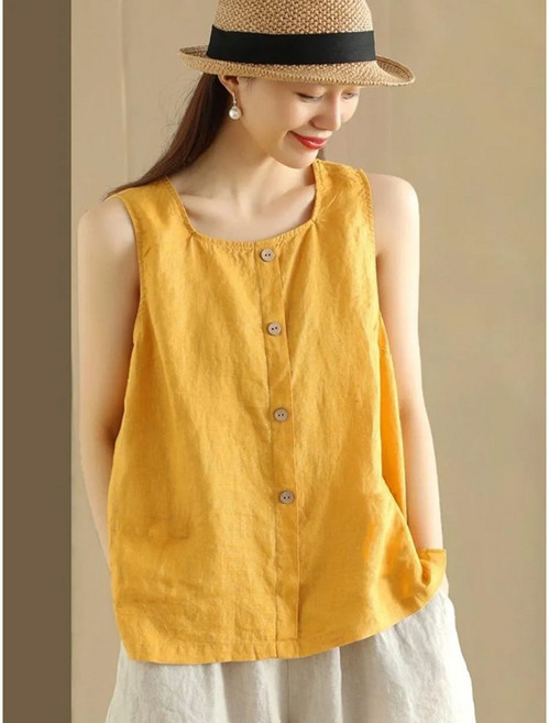 여성 면마 민소매 티셔츠 여름 심플 버튼 장식 무지 디자인 나시 루즈핏 데일리 여성 얇은 나시 티셔츠