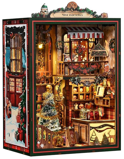 DIY 책 누크 키트 가구와 LED 조명이 포함된 인형 집 3D 퍼즐 나무 아트 북엔드 모형 트와일라잇 서점, Christmas Shop