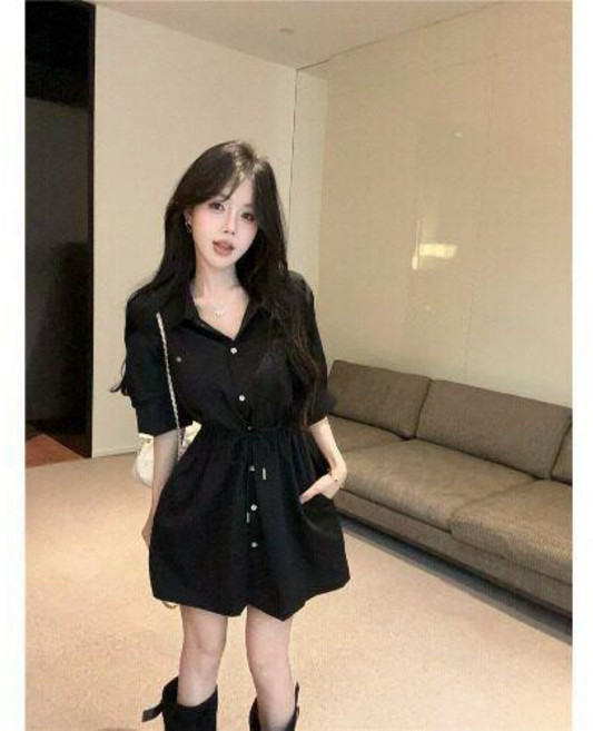 襯衫裙 復古氣質工裝 polo領抽繩收腰連衣裙 日系連衣裙, #黑色,M 建議47.5-52.5公斤, 黑色