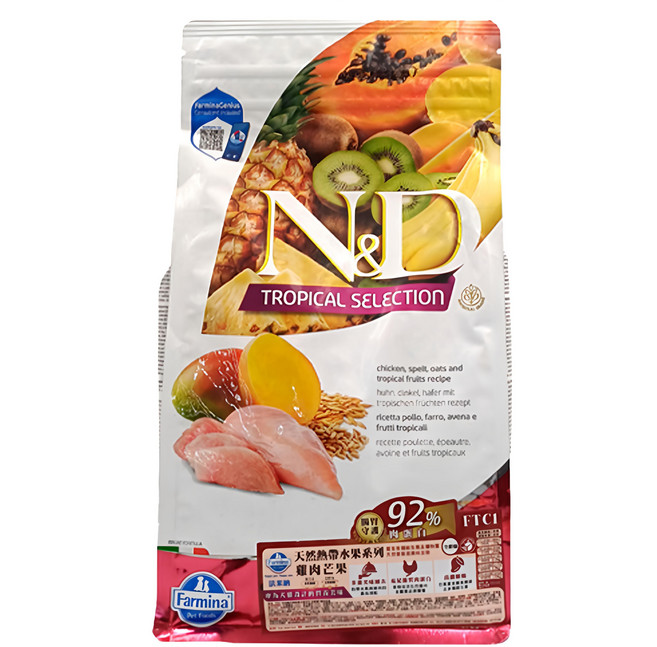 N&D 全齡貓天然熱帶水果系列貓乾糧，富含維生素，易消化，全齡適用，守護愛貓健康, 10kg, 1袋, 雞肉芒果