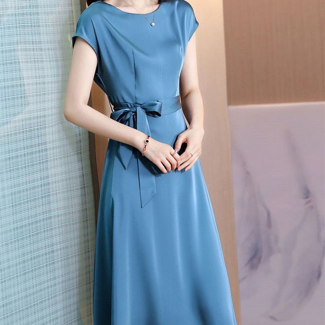 중년여성용 여름 하객룩 원피스 루즈핏 빅사이즈 실크 쉬폰 반팔 원피스 순색 무지 스트랩 리본 원피스