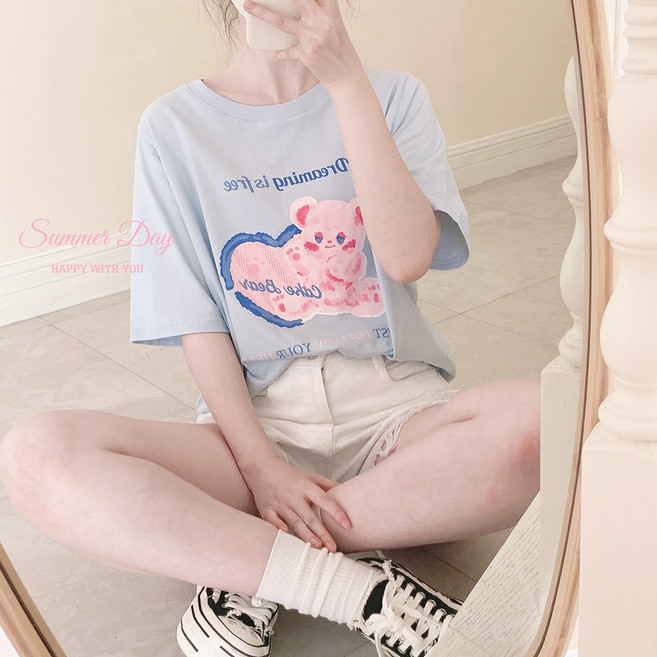 티레오 여름티셔츠 여성용 반팔티 큐티 핑크 곰돌이 프린팅티셔츠 오버핏 빅사이즈 캐주얼 순면 상의
