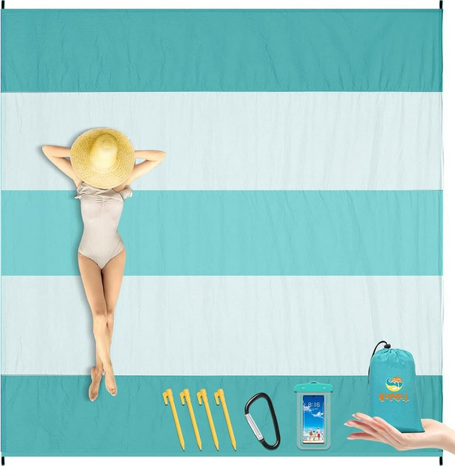 나일론 비치 블랭킷 방수 모래 방지 대형 매트 210x210cm 1-5인용 특대형 돗자리 가볍고 부드러운 피크닉 해변 여행 캠핑용 휴대용 안 붙는, Green, 7'x 7'