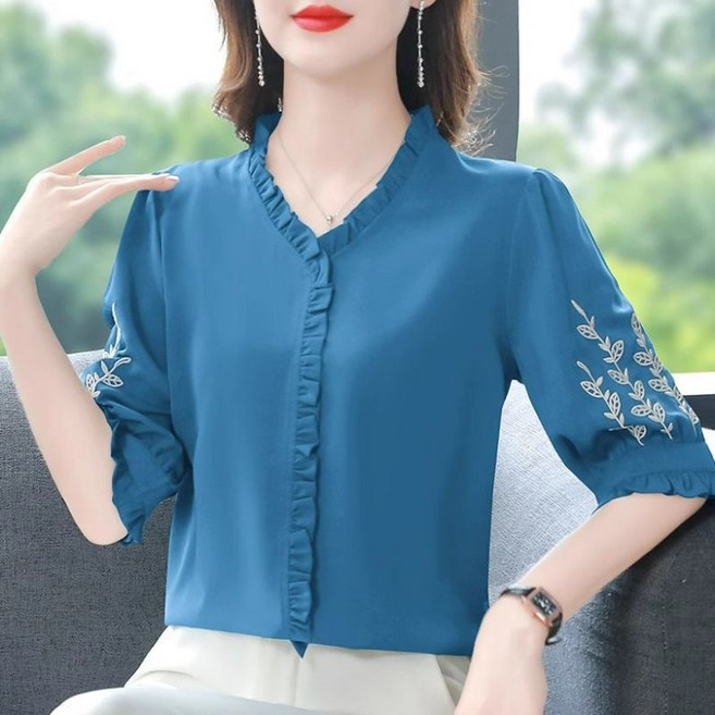 PEROLA 여성 여름 브이넥 자수 반팔 티셔츠 루즈핏 프릴 데일리 5부 소매 티셔츠 중년 여성