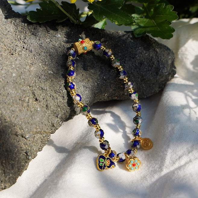 불교 염주 팔찌 원석 자개 빈티지 꽃 비즈 구슬 블루 에스닉, 단품, 1개