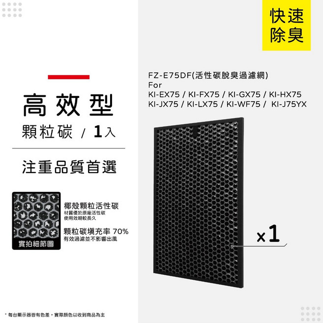 蟎著媽 適用 SHARP夏普 FZ-E75HF FZ-E75DF KI-EX75-W KI-FX75 KI-GX75 空氣清淨機 濾網, 1個, 黑除臭顆粒碳:FZ-E75DF/單片, D60CA*1
