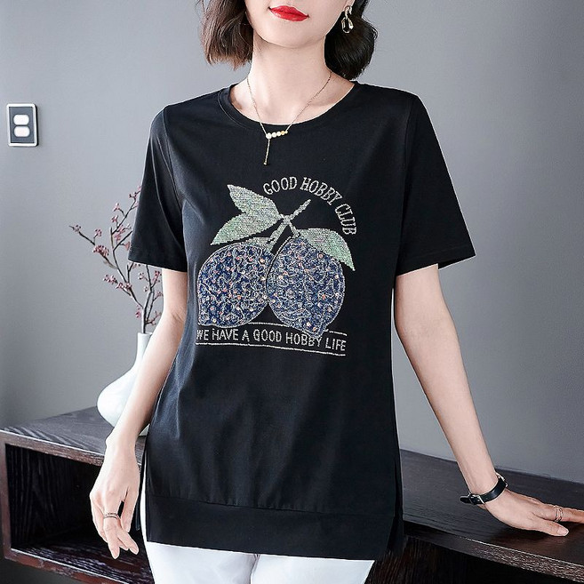 빅사이즈 패턴 중년여성 M-5XL옵션 100KG까지 반팔티 영문티 트임 박시핏 데일리 4050대 기질 엄마옷 여름티