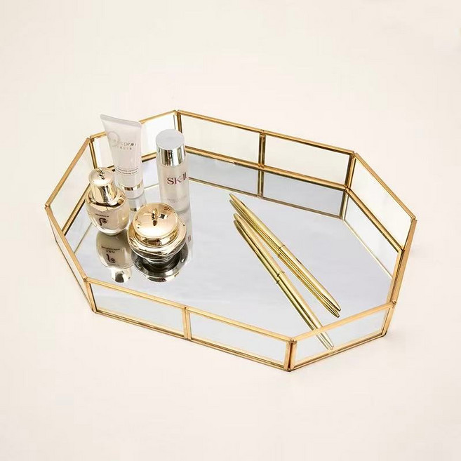 [신혼일기] 골드 프레임 팔각 미러 트레이 화장품 정리함, S (20 x 14_5 x 4cm)