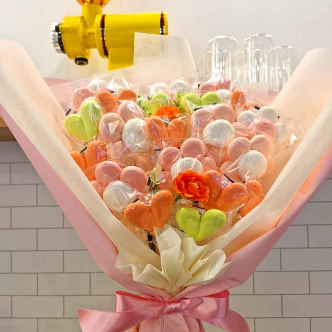 [냠냠수제쿠키] 화이트 발렌타인 핑크머랭꽃다발 / 기념일 생일 졸업식 입학식 행사 연인 선물, 1세트, 500g