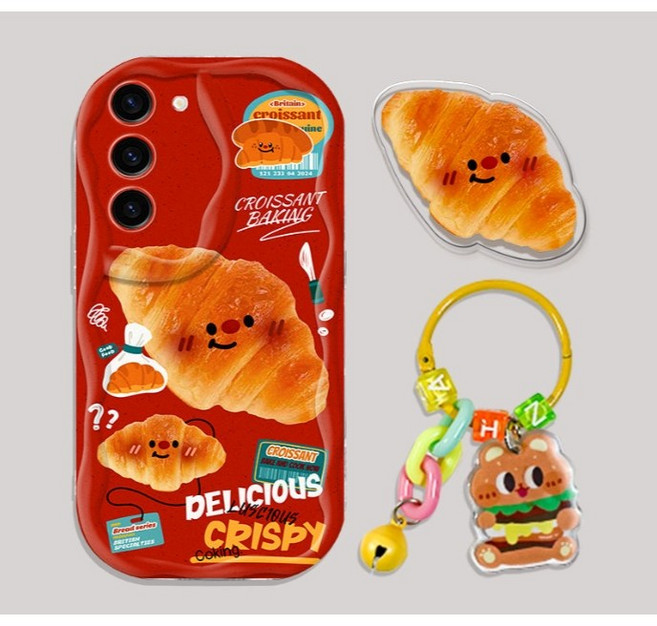 1+1세트 호환 갤럭시 S24 S23 S22 S21울트라 플러스 캐릭터 아이디어 빵 크루아상 키링 입체 거치대 실리콘 웨이브 휴대폰 케이스 커플용