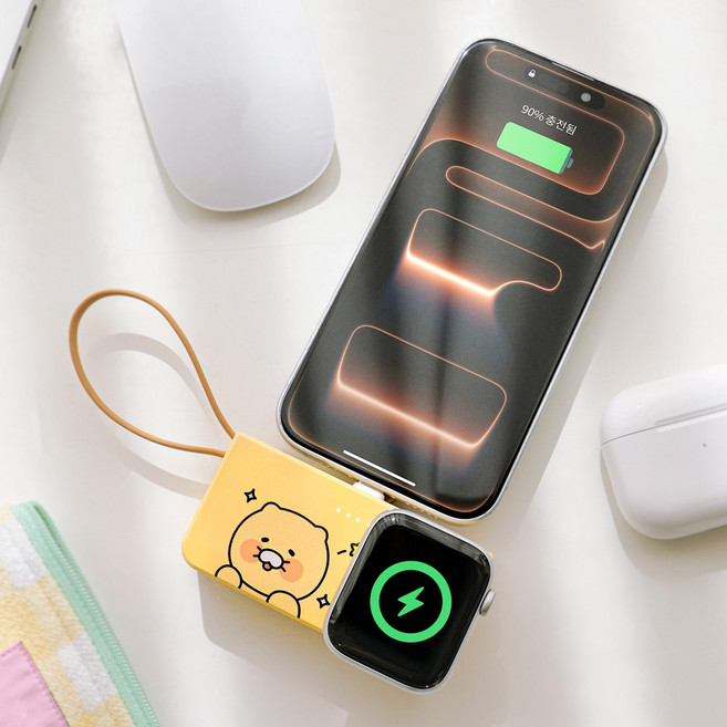 카카오프렌즈 춘식이 도킹 보조배터리 5000mAh 스마트폰 애플워치 3in 1, 옐로우